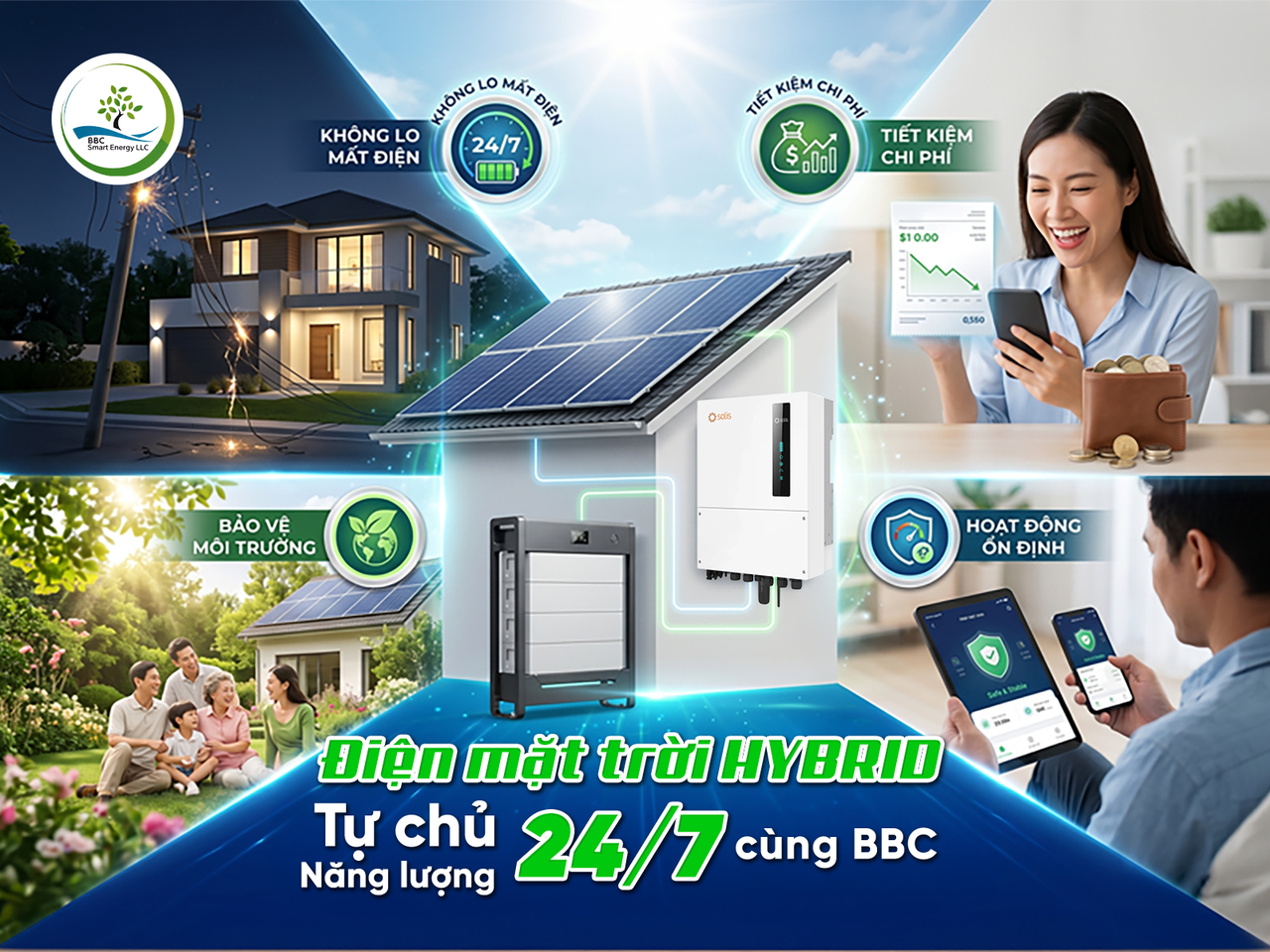 Điện mặt trời Hybrid tự chủ năng lượng 24/7